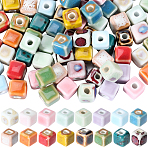 96Pcs 16 Colors Handmade Porcelain Ceramic Beads, Cube, Bright Glazed Porcelain, Mixed Color, 7~8x7.5~8.5x7.5~8.5mm, Hole: 2mm, 6pcs/color (PORC-SC0001-52)