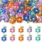 50Pcs 5 Colors Acrylic & ABS Plastic Pearl Pendants, with Iron Findings, Flower Charms, Golden, Mixed Color, 24mm, Hole: 3mm, 10pcs/color(PALLOY-YW00199)