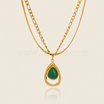 304 Stainless Steel & Dyed Natural Howlite Teardrop Pendant Double Layer Necklaces for Women, Green, Real 18K Gold Plated, 15.75 inch(40cm) and 16.93 inch(43cm)(VH8767)