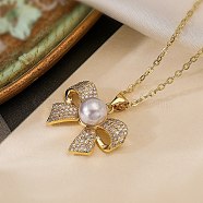 Brass Micro Pave Clear Cubic Zirconia Bowknot Pendant Necklaces, Cable Chain Necklaces with Plastic Imitation Pearl, Real 18K Gold Plated, 17.60~17.91 inch(447~455mm) (NJEW-C054-04G)