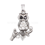 Antique Silver Plated Alloy Pendants, with Rhinestone, Owl, Crystal & Jet, 33x24x5mm, Hole: 7x4mm(ALRI-L046-P01-AS)
