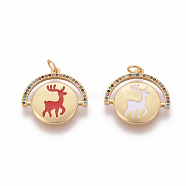 Brass Micro Pave Cubic Zirconia Pendants, with Enamel, Flat Round with Christmas Reindeer/Stag, Golden, Golden, 20x21x2mm, Hole: 3mm(ZIRC-K080-03D)
