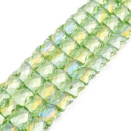 AB Color Plated Transparent Glass Beads Strands, Faceted Bamboo Stick, Lawn Green, 10.5~11x8x5mm, Hole: 1mm, about 59~60pcs/strand, 24.41~24.80''(62~63cm)(EGLA-P051-06A-A12)