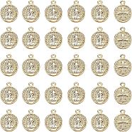 Brass Charms, for Religion, Nickel Free, Flat Round with Saint Benedict Medal, Real 18K Gold Plated, 13x10.5x1.5mm, Hole: 1mm, 30pcs/box(KK-NB0001-24G-NF)