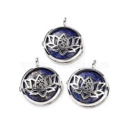 Natural Lapis Lazuli Locket Pendants, Flat Round Charms, with Platinum Plated Brass Lotus Findings, 31.5x27x9mm, Hole: 4.6mm(G-G982-01P-11)