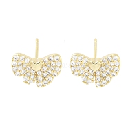 Brass Cubic Zirconia Stud Earrings for Women, Bowknot, Real 18K Gold Plated, 9x12mm(EJEW-S217-B06)