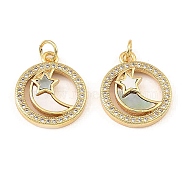 Brass Cubic Zirconia with Shell Pendants, Long-Lasting Plated, Lead Free & Cadmium Free, Flat Round, Real 18K Gold Plated, 18x15.5x3mm(KK-K342-26G)