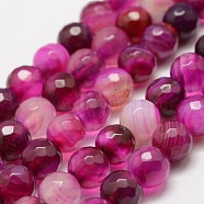 Faceted Natural Striped Agate/Banded Agate Beads Strands, Round, Dyed & Heated, Magenta, 4mm, Hole: 0.8mm, about 86pcs/strand, 14 inch(35.6cm)(G-F447-4mm-H08)