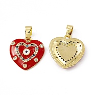 Brass Enamel Pendants, Micro Pave Cubic Zirconia, with Glass Rhinestone, Real 18K Gold Plated, Heart with Evi Eye Charm, Red, 17.5x16x2.5mm, Hole: 5x2mm(KK-E068-VC038)