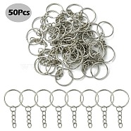 Iron Split Key Rings, with Curb Chains, Keychain Clasp Findings, Stainless Steel Color, 25x2mm(IFIN-YW0003-27)