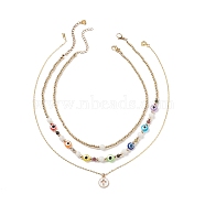 3Pcs 3 Style Natural White Moonstone & Resin Evil Eye Beaded Necklaces Set, Alloy Enamel Cross Pendant Necklaces for Women, Mixed Color, 13.54~17.72 inch(34.4~45cm), 1Pc/style(NJEW-JN04026)