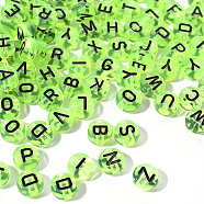 Transparent Light Green Acrylic Beads, Horizontal Hole, Flat Round with Black Random Letters, 7x3.5mm, Hole: 1.8mm, 100pcs/Bag(TACR-YW0001-09B)