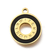 304 Stainless Steel Roman Numeral Flat Ring Charms, with Plastic Imitation Shell, Golden, Ion Plating(IP), Black, 14x11.5x1.7mm, Hole: 1.4mm(STAS-Q348-22G)