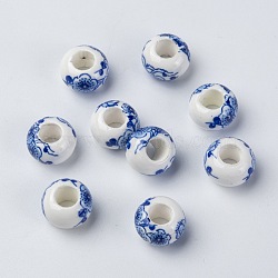 Handmade Porcelain European Beads, Large Hole Beads, Rondelle, No Metal Core, White, about 13mm in diameter, 8.5mm thick, hole: 5mm(X-CF257Y)