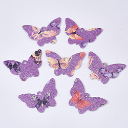 PU Leather Pendants, with Double Sided Glitter Powder, Butterfly, Medium Orchid, 32.5x48x1.5~2mm, Hole: 2.5mm(FIND-R072-09-A01)