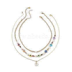 3Pcs 3 Style Natural White Moonstone & Resin Evil Eye Beaded Necklaces Set, Alloy Enamel Cross Pendant Necklaces for Women, Mixed Color, 13.54~17.72 inch(34.4~45cm), 1Pc/style(NJEW-JN04026)