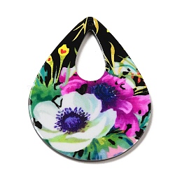 3D Printed Acrylic Pendants, for DIY Earring Necklace Making, Teardrop with Flower, Teardrop, 51.5x39.5x2mm, Hole: 2mm(MACR-M033-02B)