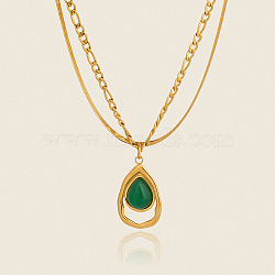 304 Stainless Steel & Dyed Natural Howlite Teardrop Pendant Double Layer Necklaces for Women, Green, Real 18K Gold Plated, 15.75 inch(40cm) and 16.93 inch(43cm)(VH8767)