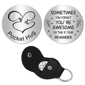 1Pc 201 Stainless Steel Commemorative Coins, Pocket Hug Coin, Inspirational Quote Coin, Flat Round, Stainless Steel Color, with 1Pc PU Leather Guitar Clip, Word You're Awesome, Word, 30x2mm