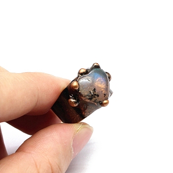 Natural Labradorite Heart Open Cuff Rings, Red Copper Brass Ring, US Size 8(18.1mm), surface: 29x14mm