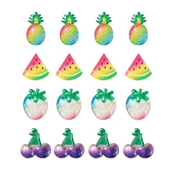 48Pcs 4 Style Resin Cabochons, Imitation Fruit, Strawberry & Pineapple & Cherry & Watermelon, Mixed Color, 12pcs/style