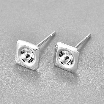 304 Stainless Steel Ear Stud Components, Square, Silver, 13mm, Square: 6x6x2mm, Tray: 3mm, Pin: 0.7mm