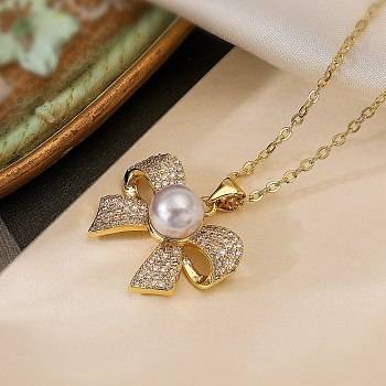 Brass Micro Pave Clear Cubic Zirconia Bowknot Pendant Necklaces, Cable Chain Necklaces with Plastic Imitation Pearl, Real 18K Gold Plated, 17.60~17.91 inch(447~455mm) 