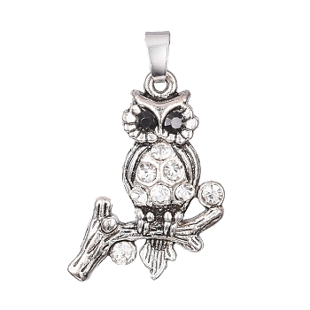 Antique Silver Plated Alloy Pendants, with Rhinestone, Owl, Crystal & Jet, 33x24x5mm, Hole: 7x4mm