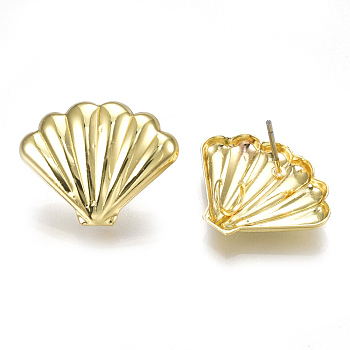 Alloy Stud Earring Findings, with Loop, Steel Pins, Shell, Light Gold, 17x21.5mm, Hole: 3mm, Pin: 0.7mm