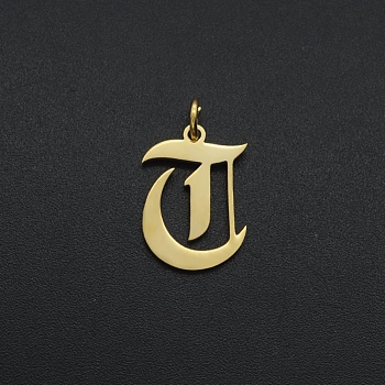 201 Stainless Steel Pendants, with Jump Ring, Old English, Letter, Laser Cut, Golden, Letter.T, 17x12x1mm, Hole: 3mm