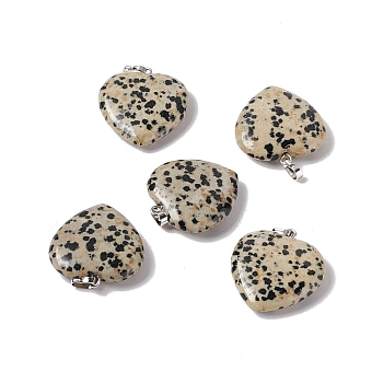 Natural Dalmatian Jasper Pendants, with Platinum Tone Brass Findings, Heart Charm, 27~28x25x7mm, Hole: 7x4mm