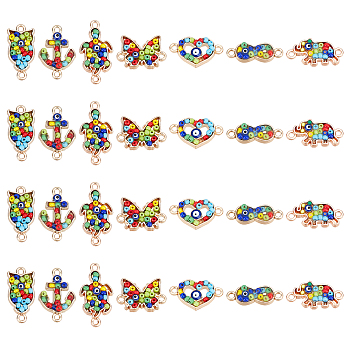 PandaHall Elite 28Pcs 7 Style Alloy Links Connectors, with Glass Seed Beads, Light Gold, Heart & Infinity & Anchor & Tortoise & Owl & Elephant & Butterfly, Colorful, 11~26x8~22.5x3~4mm, Hole: 1.6~1.8mm, 7 style, 4pcs/style, 28pcs