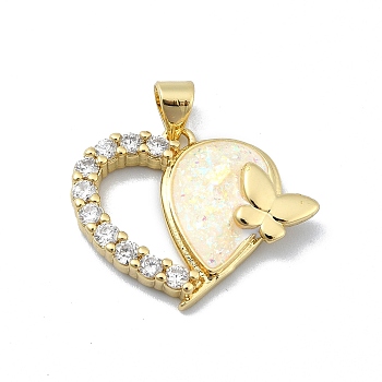 Brass Micro Pave Clear Cubic Zirconia Pendants, with Sythetic Opal, Heart, Real 18K Gold Plated, 19x23.5x4.5mm, Hole: 4x3.5mm