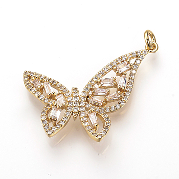 Brass Micro Pave Cubic Zirconia Pendants, with Jump Rings, Butterfly, Golden, 29x32x4mm, Hole: 3mm