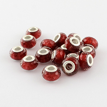Large Hole Resin European Beads, with Silver Color Plated Brass Double Cores, Faceted Rondelle, Dark Red, 14x9mm, Hole: 5mm