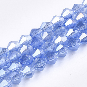 Electroplate Glass Beads Strands, AB Color Plated, Faceted, Bicone, Cornflower Blue, 6x5.5~6mm, Hole: 1mm, about 47~48pcs/strand, 10.83 inch(27.5cm)