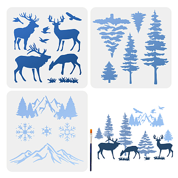 US 3Pcs 3 Styles Mountain Forest Deer PET Hollow Out Drawing Painting Stencils, with 1Pc Art Paint Brushes, Mixed Shapes, Stencils: 300x300mm, 1pc/style; Brushes: 16.9x0.5cm