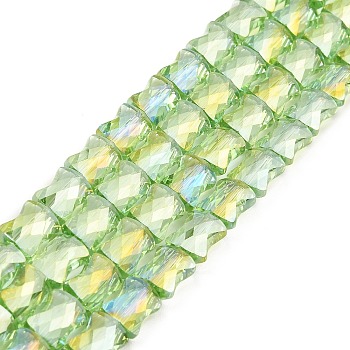 AB Color Plated Transparent Glass Beads Strands, Faceted Bamboo Stick, Lawn Green, 10.5~11x8x5mm, Hole: 1mm, about 59~60pcs/strand, 24.41~24.80''(62~63cm)