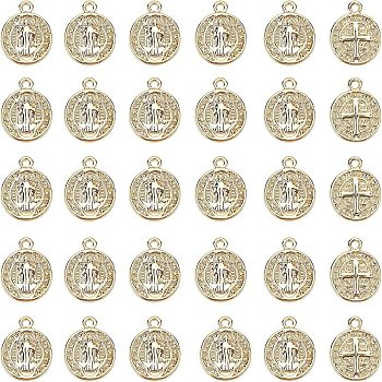 Brass Charms, for Religion, Nickel Free, Flat Round with Saint Benedict Medal, Real 18K Gold Plated, 13x10.5x1.5mm, Hole: 1mm, 30pcs/box