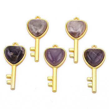Natural Amethyst Pendants, with Light Gold Plated Brass Findings, Key with Heart Charm, 38x17x6.5~7mm, Hole: 1.8mm