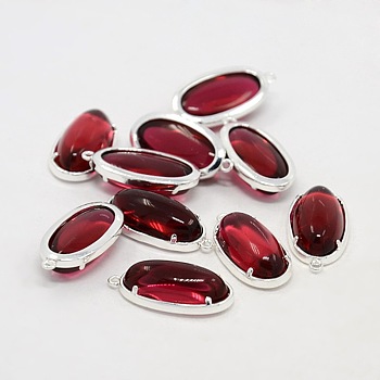 Silver Color Plated Brass Glass Pendants, Oval, Dark Red, 24x15x7mm, Hole: 1mm