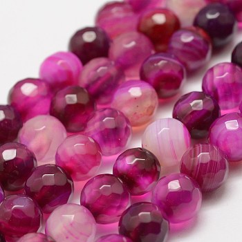 Faceted Natural Striped Agate/Banded Agate Beads Strands, Round, Dyed & Heated, Magenta, 4mm, Hole: 0.8mm, about 86pcs/strand, 14 inch(35.6cm)