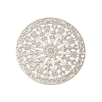Rack Plating Brass Filigree Pendants, Long-Lasting Plated, Flat Round with Flower, Platinum, 30x0.3mm, Hole: 1.2mm