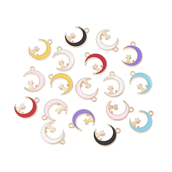 Alloy Enamel Pendants, Light Gold, Moon with Cat Charm, Mixed Color, 19.5x14.5x1.5mm, Hole: 2mm