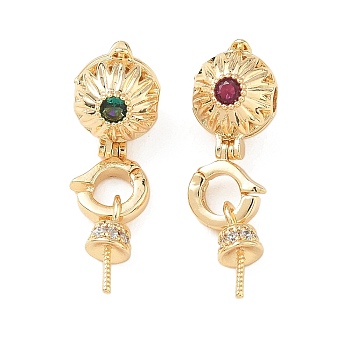 Brass Micro Pave Cubic Zirconia Peg Bails, Round, for Half Drilled Beads, Real 18K Gold Plated, 27mm, Hole: 2.5mm, Pin: 0.7mm