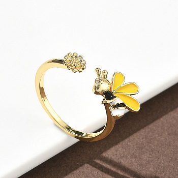 Brass Cuff Rings, Flower with Bees, with Enamel, Real 18K Gold Plated, 1.5~9mm, Inner Diameter: 17.8mm