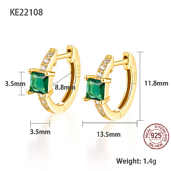 Real 18K Gold Plated 925 Sterling Silver Hoop Earrings, Square Cubic Zirconia Earrings, with S925 Stamp, Green, 11.8x13.5mm