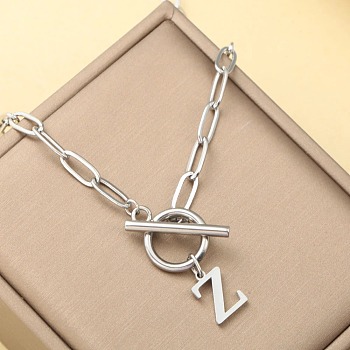 Stainless Steel Paperclip Chain Initial Necklaces with OT Clasps, Stainless Steel Color, Letter Z, 18.11 inch(46cm)