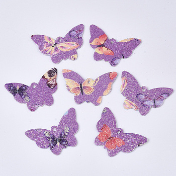 PU Leather Pendants, with Double Sided Glitter Powder, Butterfly, Medium Orchid, 32.5x48x1.5~2mm, Hole: 2.5mm