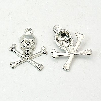 Tibetan Style Alloy Pendants, Pirate Style Skull Platinum, Lead Free and Cadmium Free, 24x20x4mm, Hole: 2mm, about 680pcs/1000g